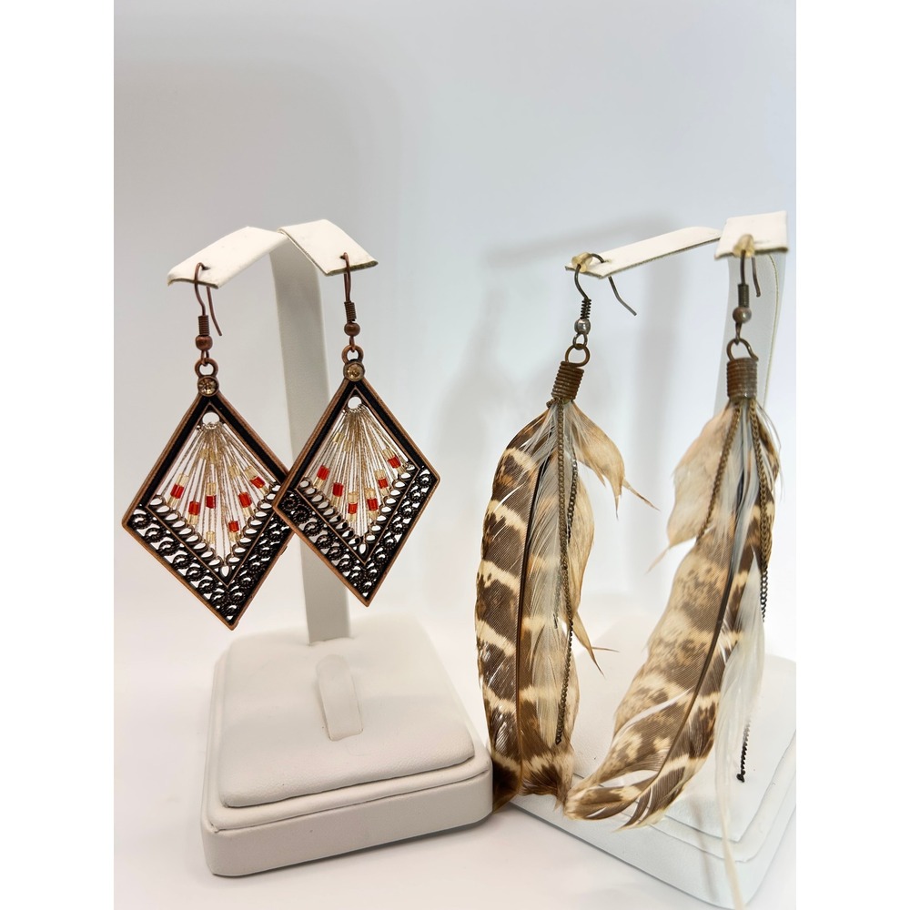Unbranded Earring Set Womens OS Brown Good Boho Feather Diamond Filigree Dangle